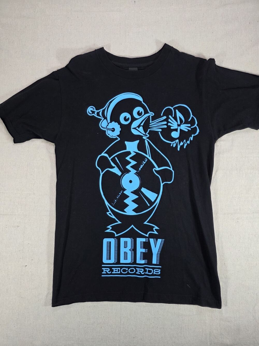Obey Records Penguin Graphic T-Shirt Men's Small Black Blue Streetwear Cotton